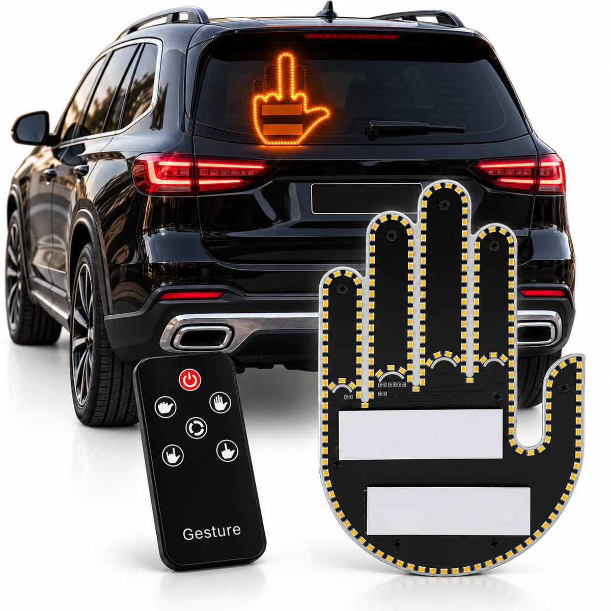 FLIPGLOW lit up in an SUV rear window with the sign and remote